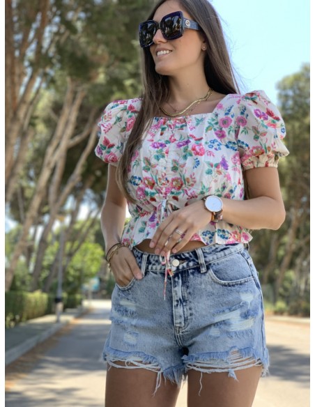 Top blanco manga abullonada