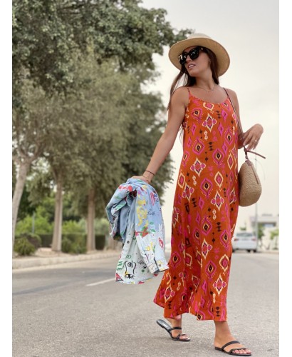 Vestido naranja estampado geométrico