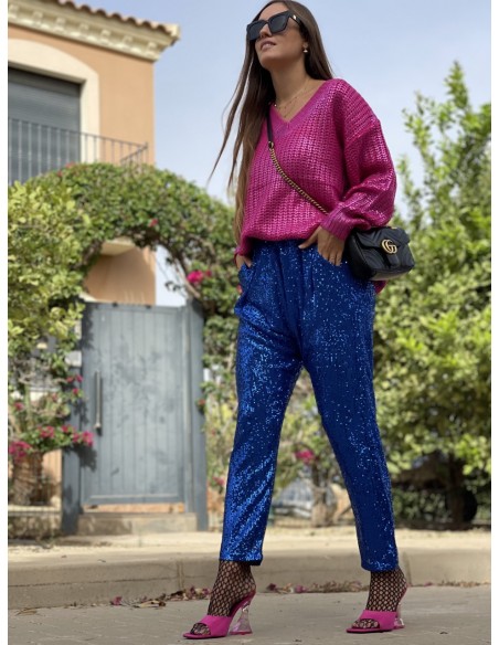 Pantalón baggy paillettes azul klein