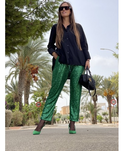 Pantalón baggy paillettes verde 2