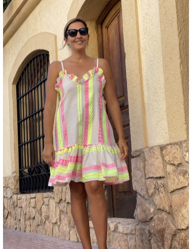 Vestido fluór amarillo y rosa