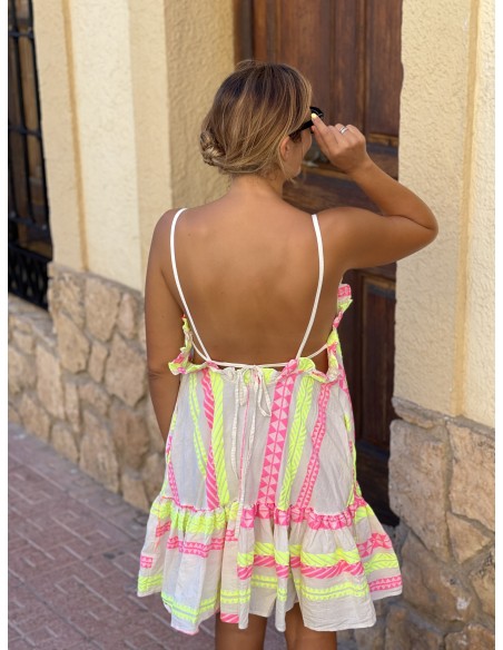 Vestido fluór amarillo y rosa