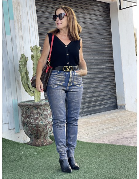 Pantalón vaquero efecto metalizado oro