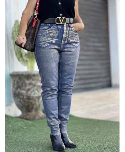Pantalón vaquero efecto metalizado oro