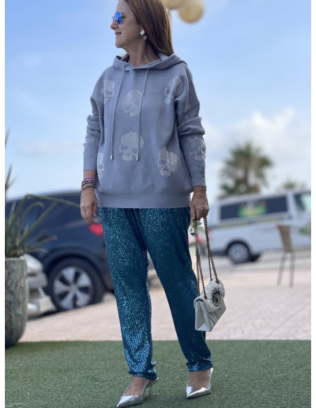Pantalón baggy paillettes turquesa
