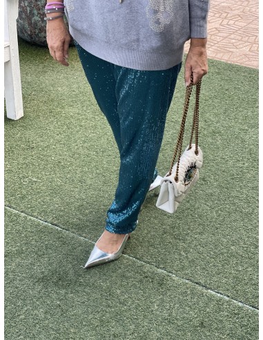 Pantalón baggy paillettes turquesa