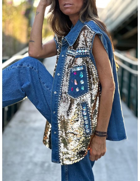 Chaleco denim joya oro