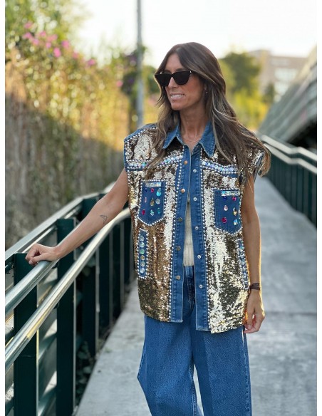 Chaleco denim joya oro