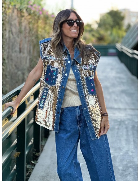 Chaleco denim joya oro
