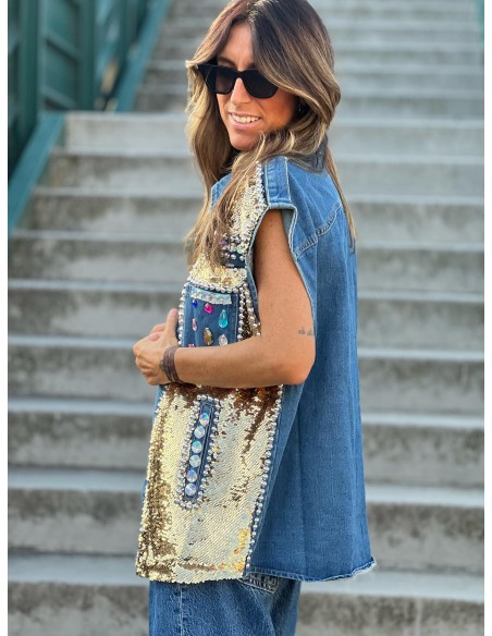 Chaleco denim joya oro