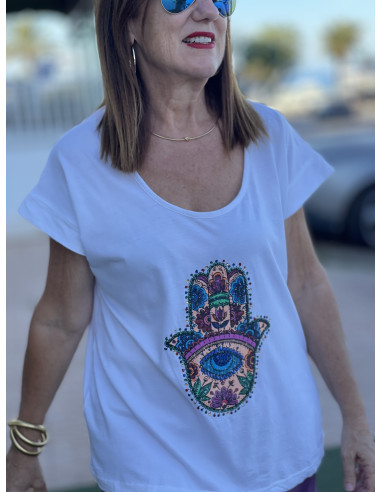 🌟 Camiseta Hamsa con Abalorios blanca