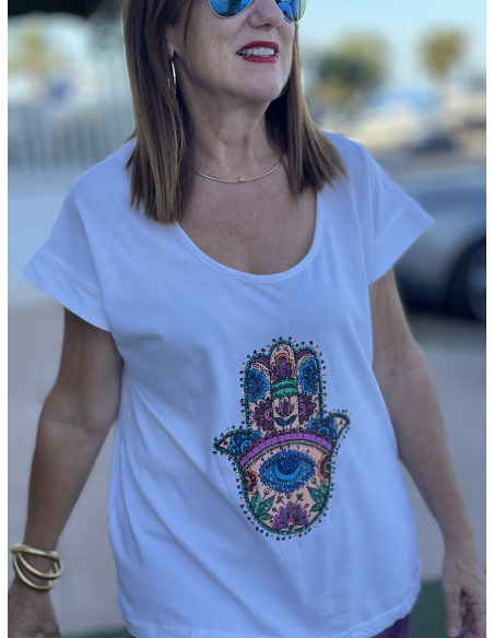 🌟 Camiseta Hamsa con Abalorios blanca