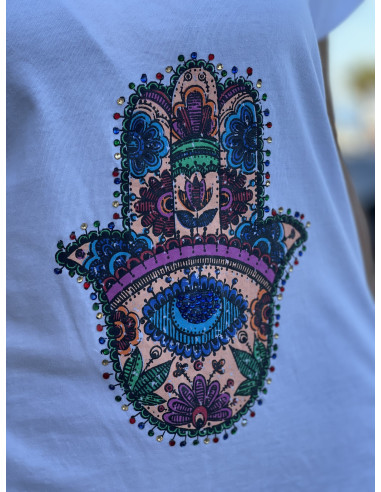 🌟 Camiseta Hamsa con Abalorios blanca