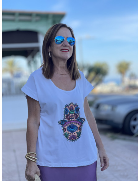 🌟 Camiseta Hamsa con Abalorios blanca