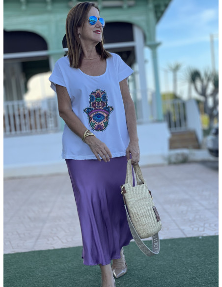 🌟 Camiseta Hamsa con Abalorios blanca