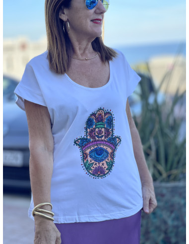 🌟 Camiseta Hamsa con Abalorios blanca