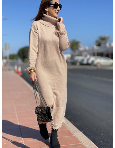 🌟Vestido Largo Camel de Flecos Suaves y Elegantes