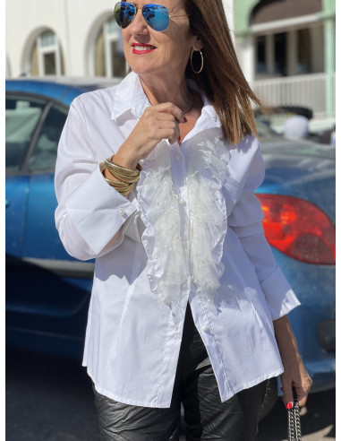 👚 Camisa Blanca con Detalle en Tul y Perlitas