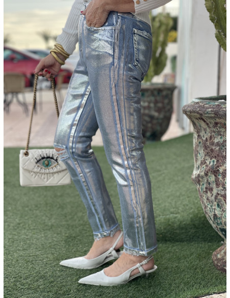 ✨ Pantalón Vaquero Efecto Metalizado en Plata