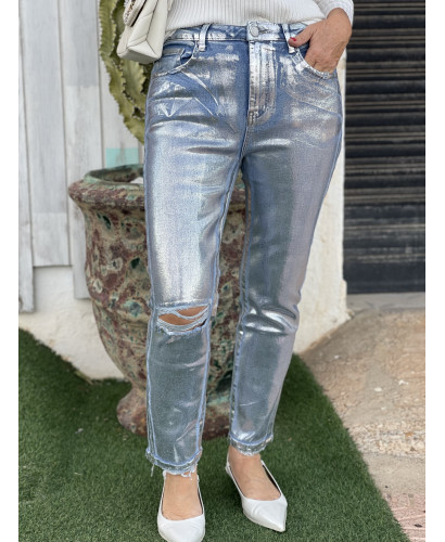 ✨ Pantalón Vaquero Efecto Metalizado en Plata