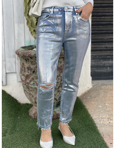 ✨ Pantalón Vaquero Efecto Metalizado en Plata