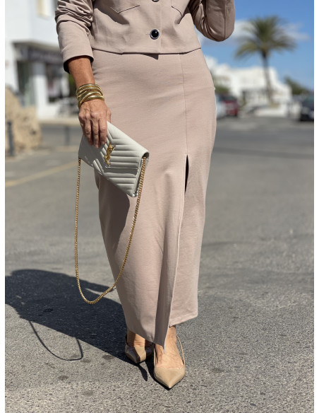 👗 Falda Lápiz en Camel con Abertura Frontal y Cintura Elástica