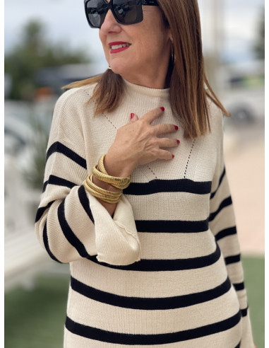 🤍 Vestido de Punto con Franjas crudo - Estilo...