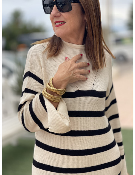 🤍 Vestido de Punto con Franjas crudo - Estilo Suave y Atemporal