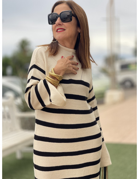🤍 Vestido de Punto con Franjas crudo - Estilo Suave y Atemporal