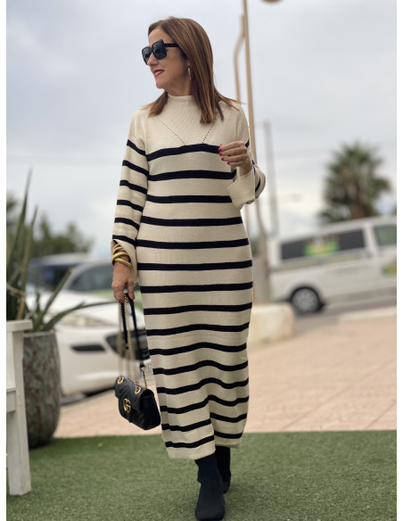 🤍 Vestido de Punto con Franjas crudo - Estilo Suave y Atemporal