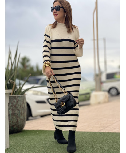 🤍 Vestido de Punto con Franjas crudo - Estilo Suave y...
