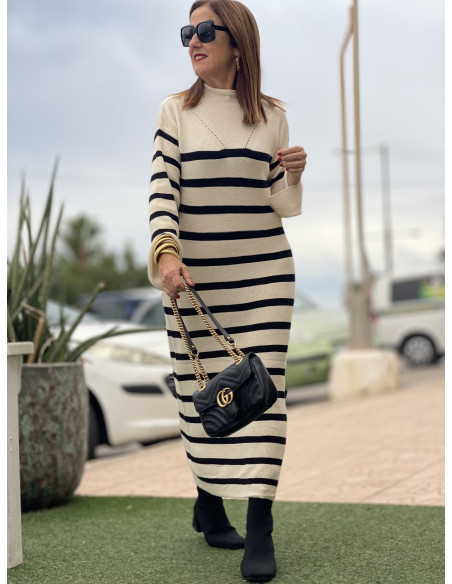 🤍 Vestido de Punto con Franjas crudo - Estilo Suave y Atemporal