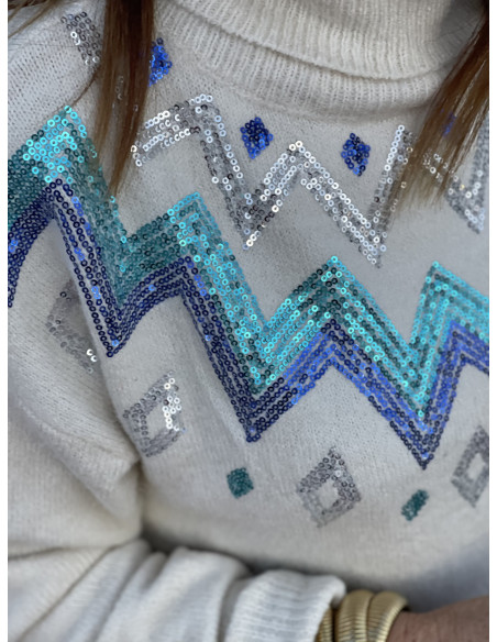 🌟 Suéter Cuello Alto en Crudo con Cenefas de Lentejuelas en Azul y Turquesa