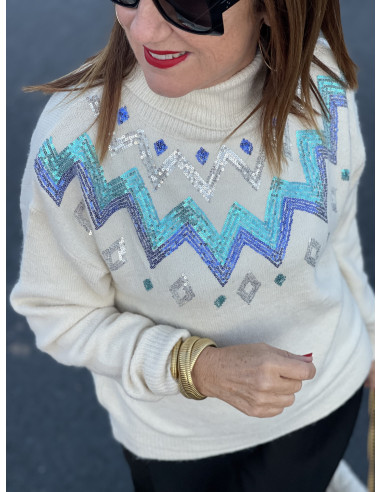 🌟 Suéter Cuello Alto en Crudo con Cenefas de...