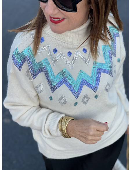 🌟 Suéter Cuello Alto en Crudo con Cenefas de Lentejuelas en Azul y Turquesa