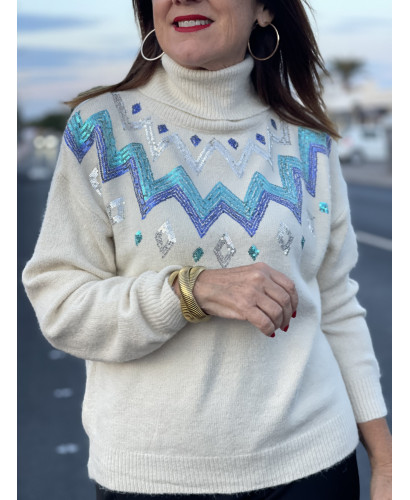 🌟 Suéter Cuello Alto en Crudo con Cenefas de Lentejuelas...