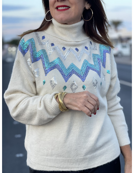 🌟 Suéter Cuello Alto en Crudo con Cenefas de Lentejuelas en Azul y Turquesa