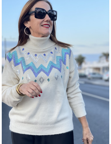 🌟 Suéter Cuello Alto en Crudo con Cenefas de...