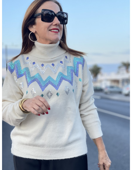 🌟 Suéter Cuello Alto en Crudo con Cenefas de Lentejuelas en Azul y Turquesa