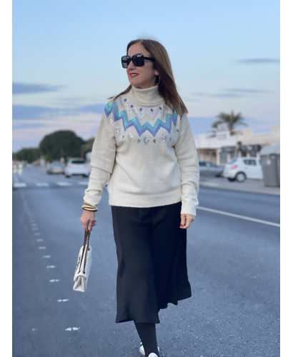 🌟 Suéter Cuello Alto en Crudo con Cenefas de Lentejuelas... 2