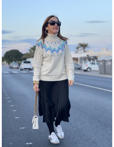 🌟 Suéter Cuello Alto en Crudo con Cenefas de...