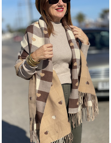 🍂 Bufanda Reversible de Corazones y Cuadros  M...