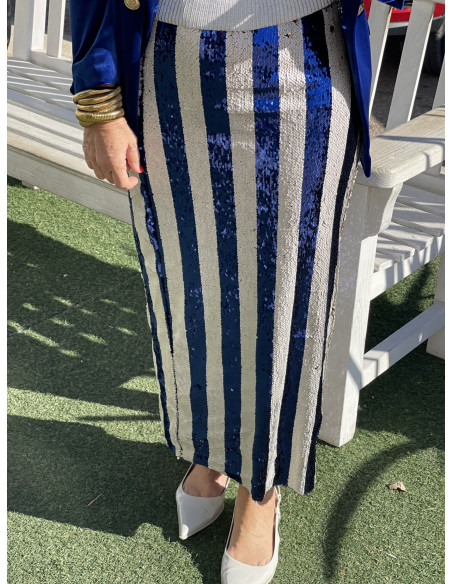 ✨ Falda Larga de Lentejuelas en Franjas Blancas y Azules ✨
