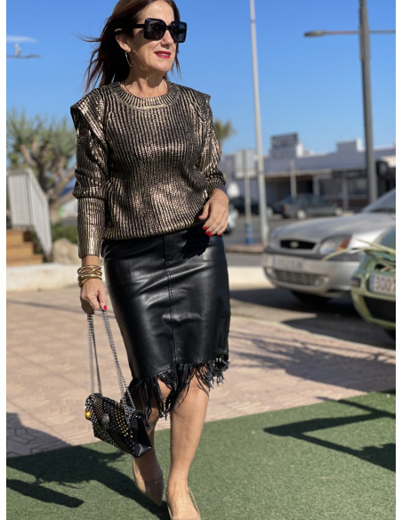 ✨ Falda efecto piel negra con Flecos