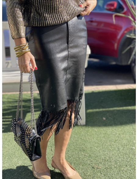 ✨ Falda efecto piel negra con Flecos