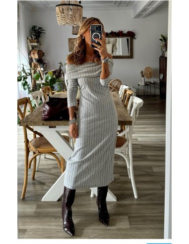 🌪️ Vestido Largo Gris Tipo Canalé con Escote...