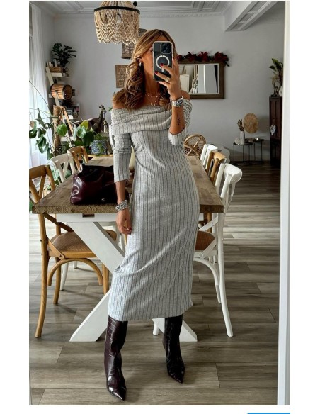 🌪️ Vestido Largo Gris Tipo Canalé con Escote Bardot: Suavidad y Estilo 🌸