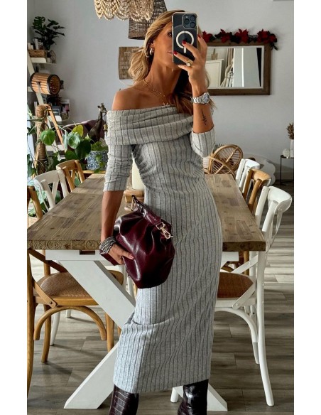 🌪️ Vestido Largo Gris Tipo Canalé con Escote Bardot: Suavidad y Estilo 🌸