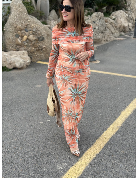 🌸 Vestido Bardot de Tul naranja: Elegancia en Tonos Pastel 🌈