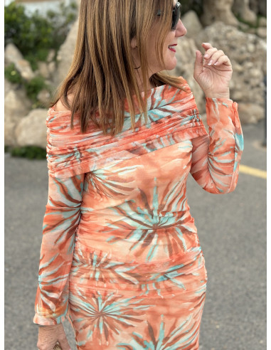 🌸 Vestido Bardot de Tul naranja: Elegancia en...